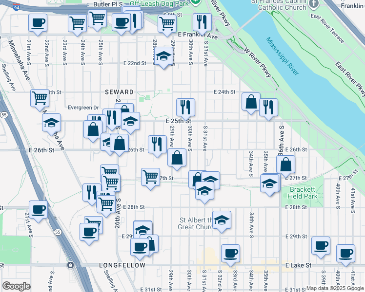 map of restaurants, bars, coffee shops, grocery stores, and more near 2521 29th Avenue South in Minneapolis