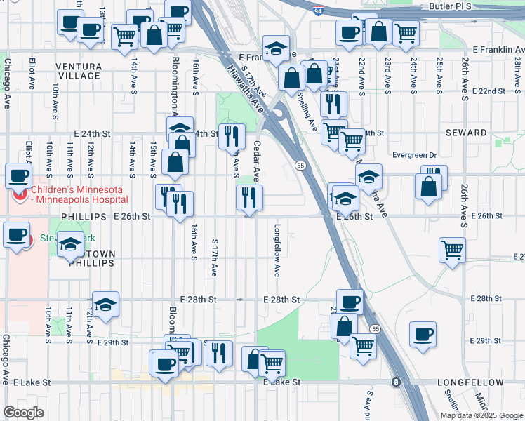 map of restaurants, bars, coffee shops, grocery stores, and more near 2526 Cedar Avenue in Minneapolis