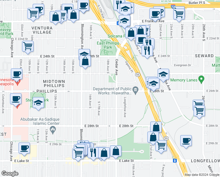 map of restaurants, bars, coffee shops, grocery stores, and more near 2520 18th Avenue South in Minneapolis