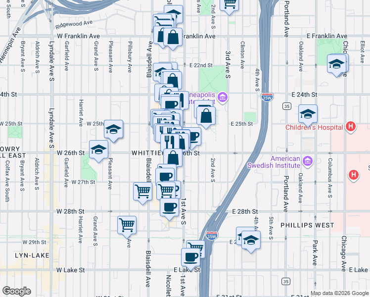 map of restaurants, bars, coffee shops, grocery stores, and more near 2523 1st Avenue South in Minneapolis