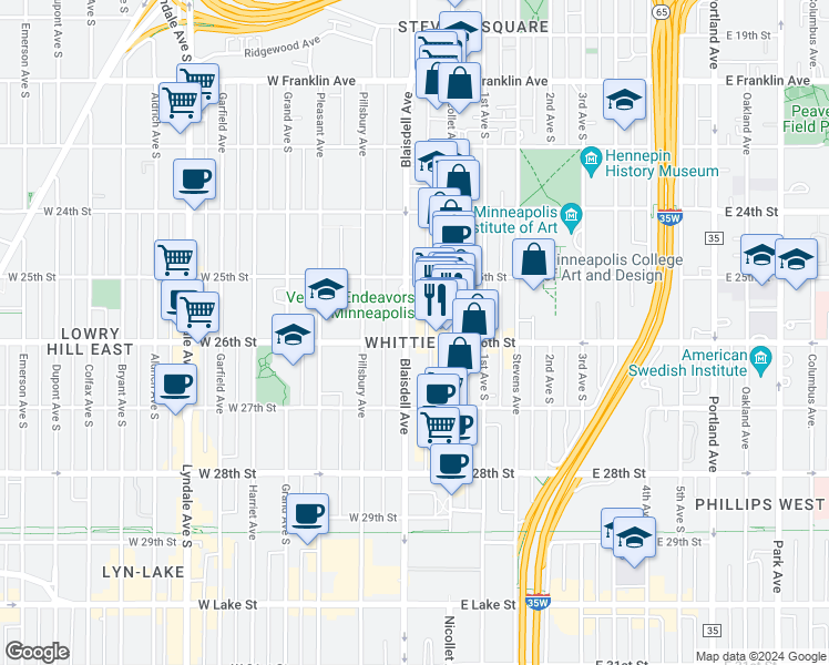 map of restaurants, bars, coffee shops, grocery stores, and more near 2525 Blaisdell Avenue in Minneapolis