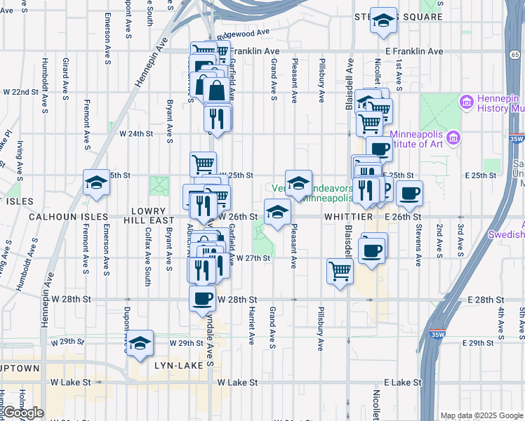 map of restaurants, bars, coffee shops, grocery stores, and more near 2520 Grand Avenue South in Minneapolis