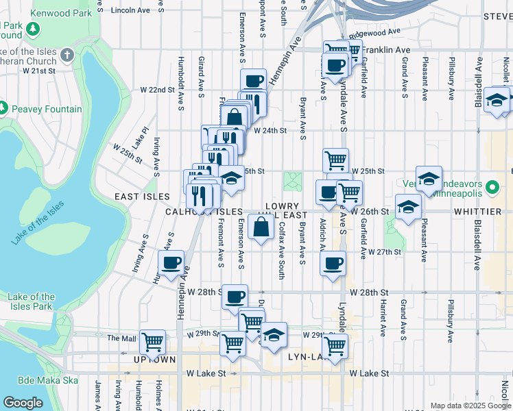 map of restaurants, bars, coffee shops, grocery stores, and more near 2525 Emerson Avenue South in Minneapolis