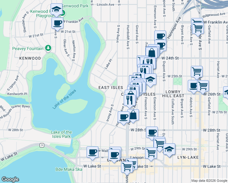 map of restaurants, bars, coffee shops, grocery stores, and more near 1600 West 26th Street in Minneapolis