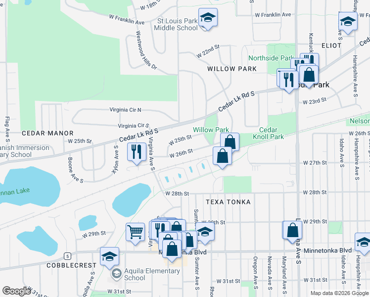 map of restaurants, bars, coffee shops, grocery stores, and more near 7930 West 25th Street in Minneapolis