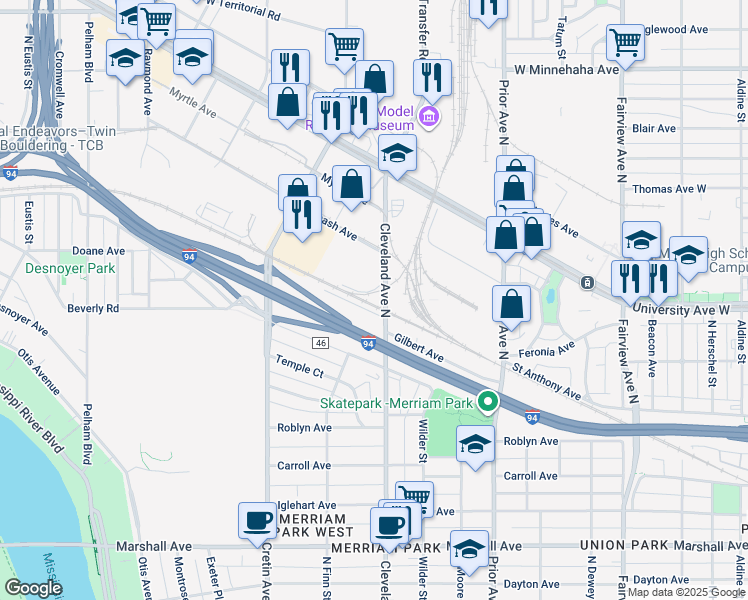 map of restaurants, bars, coffee shops, grocery stores, and more near 515 Cleveland Ave N in St Paul