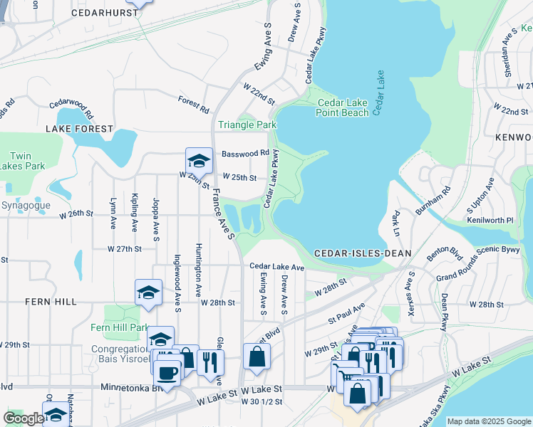 map of restaurants, bars, coffee shops, grocery stores, and more near 3400 Cedar Lake Parkway in Minneapolis