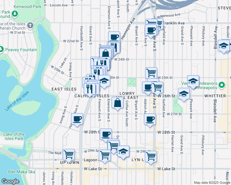 map of restaurants, bars, coffee shops, grocery stores, and more near 2525 Emerson Avenue South in Minneapolis