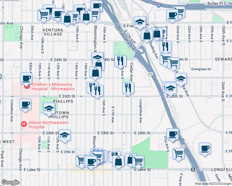 map of restaurants, bars, coffee shops, grocery stores, and more near 2520 18th Avenue South in Minneapolis
