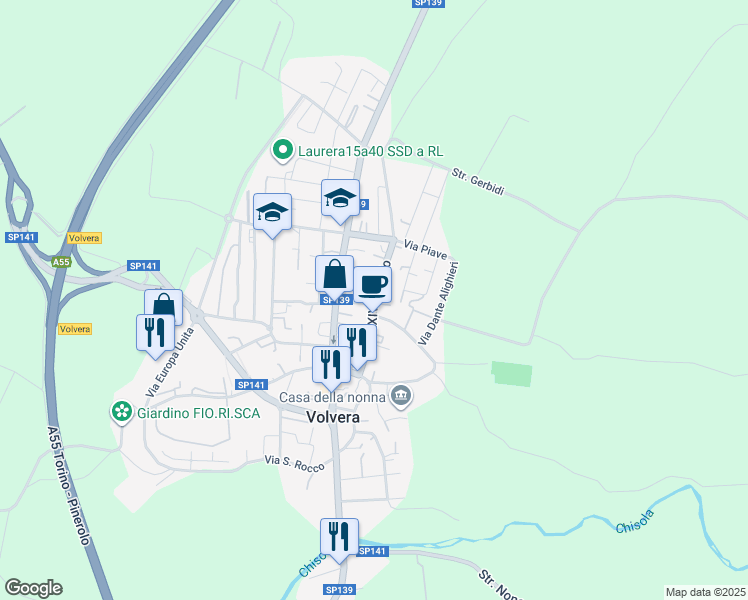map of restaurants, bars, coffee shops, grocery stores, and more near 3 Vicolo Sclaverani in Volvera