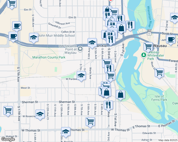 map of restaurants, bars, coffee shops, grocery stores, and more near 620 Werle Avenue in Wausau