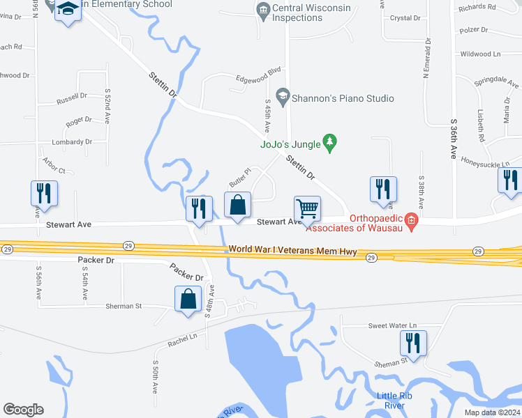 map of restaurants, bars, coffee shops, grocery stores, and more near 634 Brooks Place in Wausau