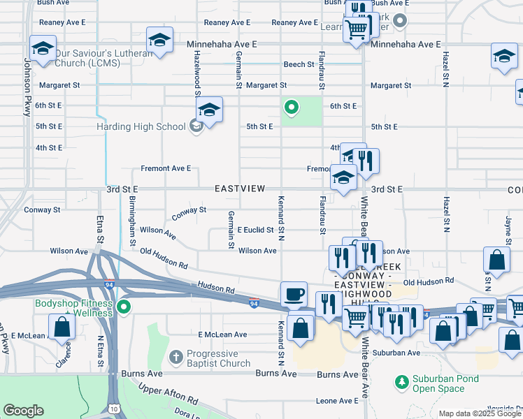 map of restaurants, bars, coffee shops, grocery stores, and more near 1636 3rd Street East in Saint Paul