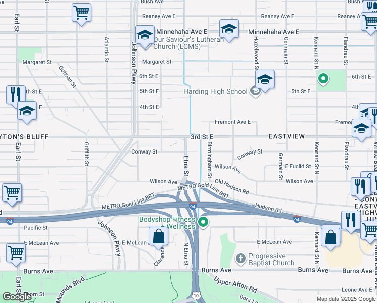 map of restaurants, bars, coffee shops, grocery stores, and more near 1390 3rd Street East in Saint Paul
