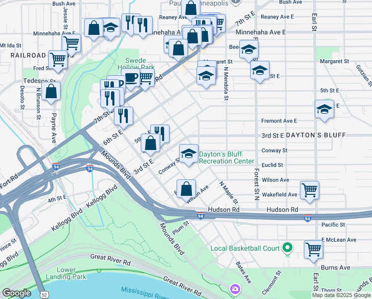 map of restaurants, bars, coffee shops, grocery stores, and more near 737 3rd Street East in Saint Paul
