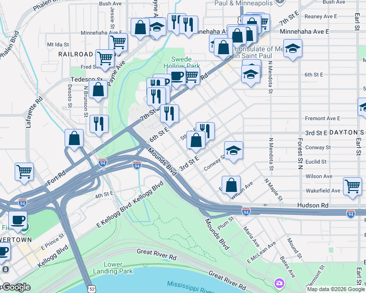map of restaurants, bars, coffee shops, grocery stores, and more near 696 5th Street East in Saint Paul