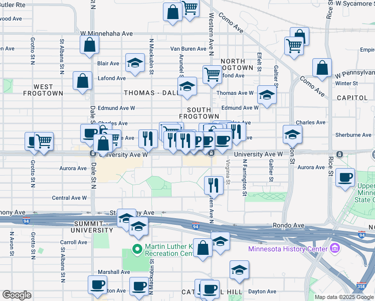 map of restaurants, bars, coffee shops, grocery stores, and more near 432 Sherburne Avenue in Saint Paul