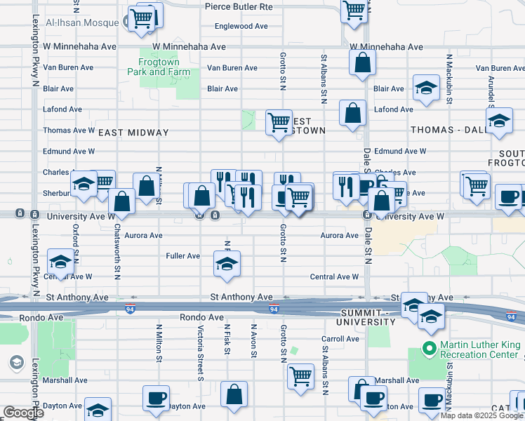 map of restaurants, bars, coffee shops, grocery stores, and more near 754 Sherburne Avenue in Saint Paul