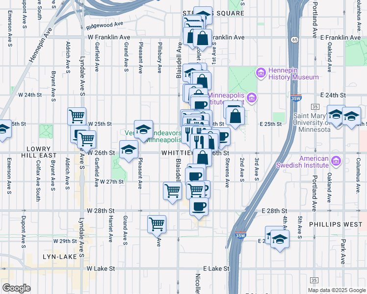 map of restaurants, bars, coffee shops, grocery stores, and more near 2525 Blaisdell Avenue in Minneapolis