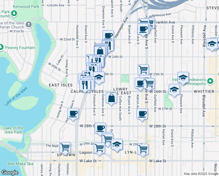 map of restaurants, bars, coffee shops, grocery stores, and more near 2525 Emerson Avenue South in Minneapolis