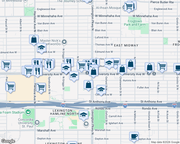 map of restaurants, bars, coffee shops, grocery stores, and more near 1105 University Ave W in St Paul