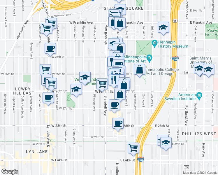 map of restaurants, bars, coffee shops, grocery stores, and more near 2541 Blaisdell Avenue in Minneapolis