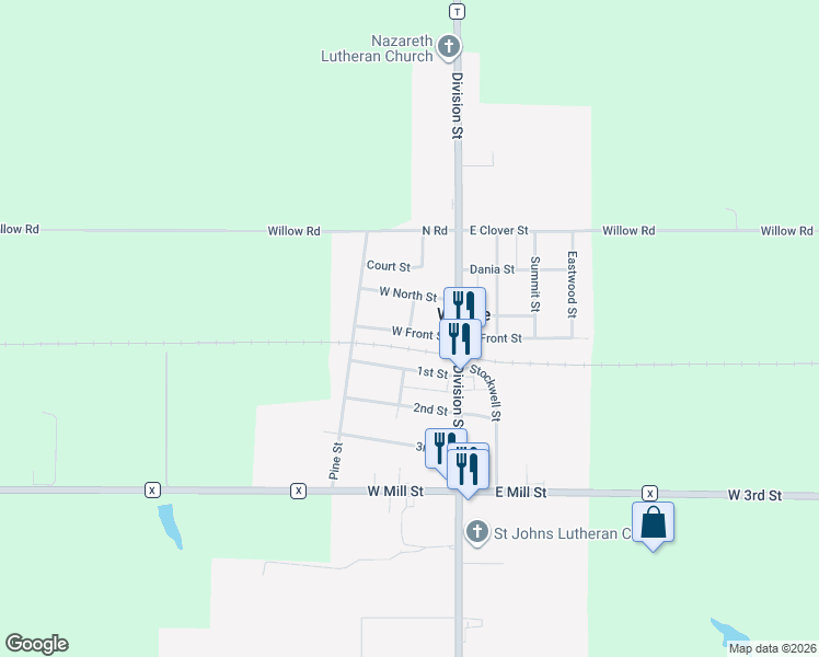 map of restaurants, bars, coffee shops, grocery stores, and more near 709 N Oak St in Withee