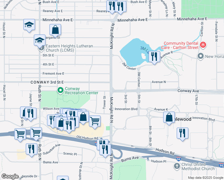 map of restaurants, bars, coffee shops, grocery stores, and more near 1385 Conway Avenue in Saint Paul