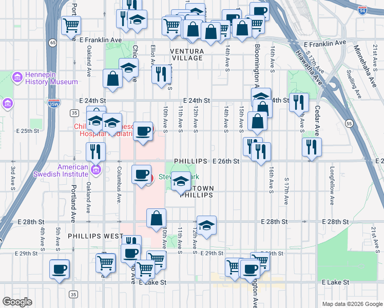 map of restaurants, bars, coffee shops, grocery stores, and more near 2524 12th Avenue South in Minneapolis