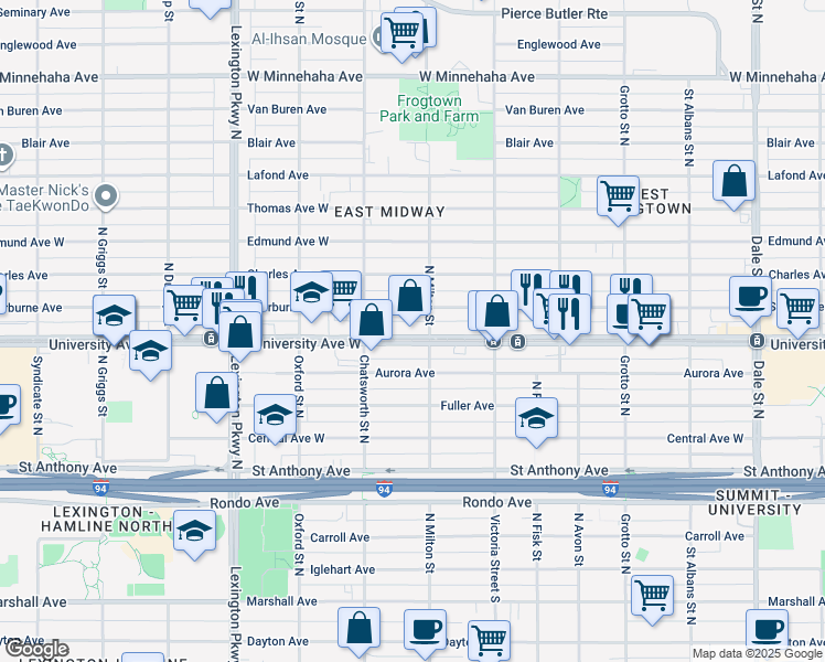 map of restaurants, bars, coffee shops, grocery stores, and more near 932 Sherburne Avenue in Saint Paul