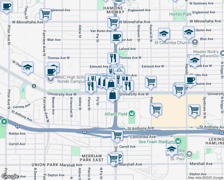map of restaurants, bars, coffee shops, grocery stores, and more near 1608 Sherburne Avenue in Saint Paul