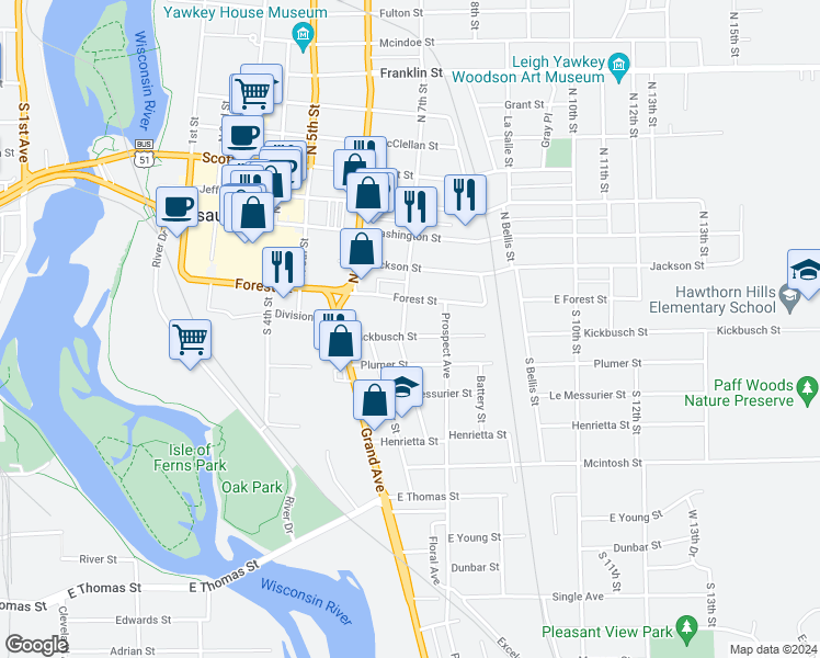 map of restaurants, bars, coffee shops, grocery stores, and more near 631 Forest Street in Wausau