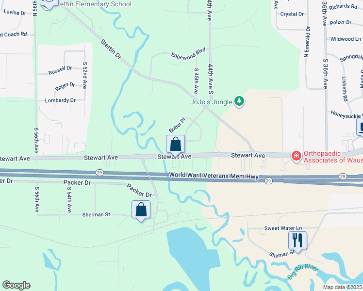 map of restaurants, bars, coffee shops, grocery stores, and more near 651 Butler Place in Wausau