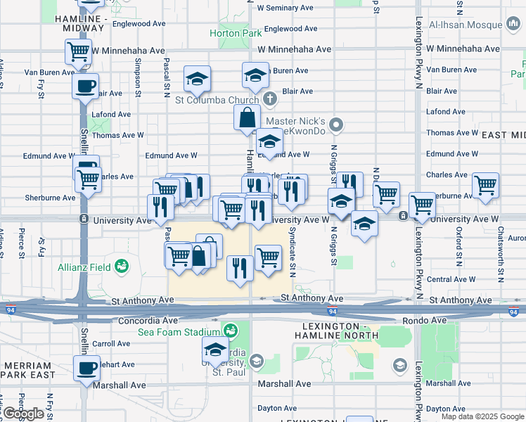 map of restaurants, bars, coffee shops, grocery stores, and more near 1309 University Avenue West in Saint Paul