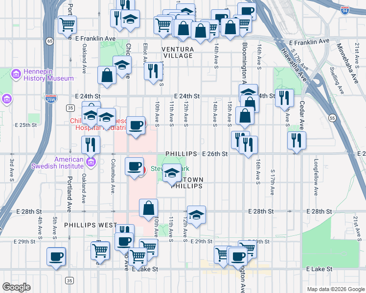 map of restaurants, bars, coffee shops, grocery stores, and more near 2524 12th Avenue South in Minneapolis