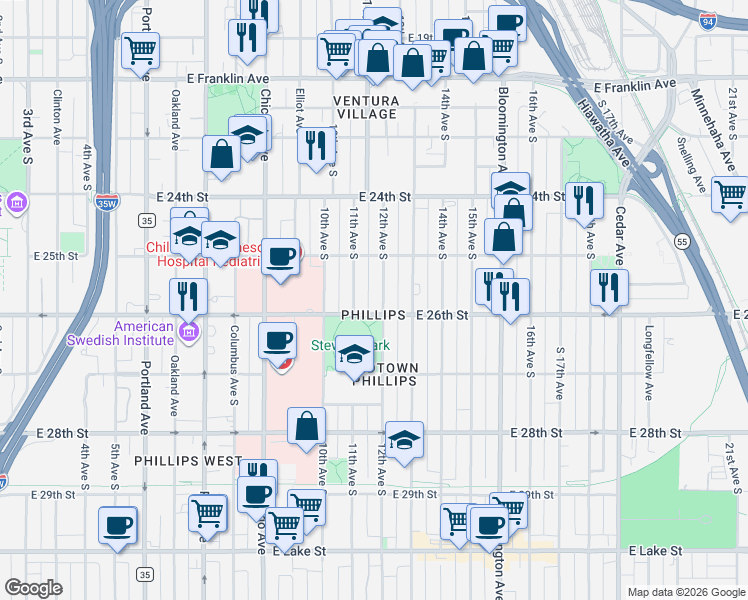 map of restaurants, bars, coffee shops, grocery stores, and more near 2524 12th Avenue South in Minneapolis