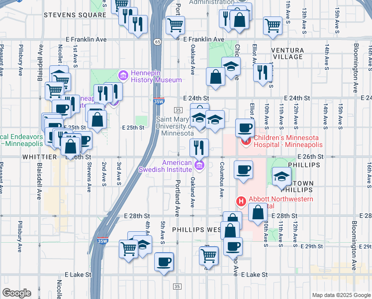 map of restaurants, bars, coffee shops, grocery stores, and more near 2523 Portland Avenue South in Minneapolis