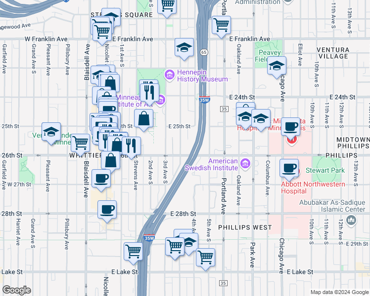 map of restaurants, bars, coffee shops, grocery stores, and more near 2523 Clinton Avenue in Minneapolis