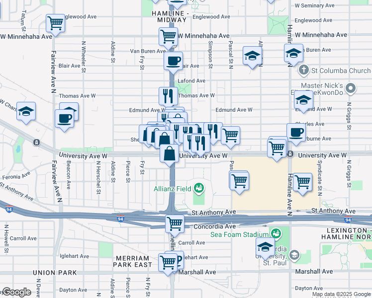 map of restaurants, bars, coffee shops, grocery stores, and more near 506 Snelling Avenue in Saint Paul