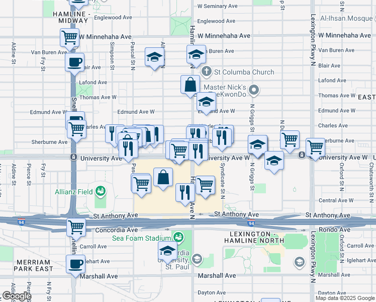 map of restaurants, bars, coffee shops, grocery stores, and more near 1354 Sherburne Avenue in Saint Paul