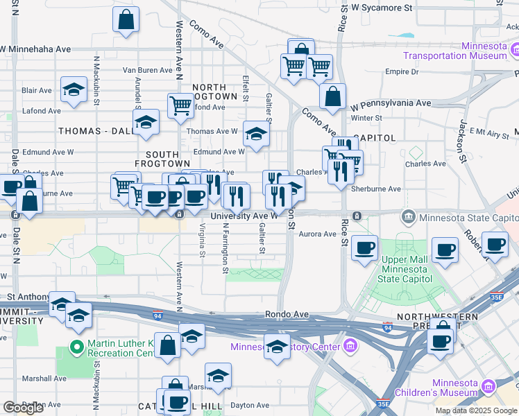 map of restaurants, bars, coffee shops, grocery stores, and more near 256 Sherburne Avenue in Saint Paul