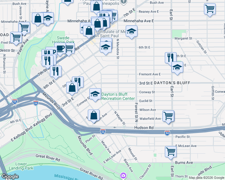 map of restaurants, bars, coffee shops, grocery stores, and more near 859 Conway Street in Saint Paul
