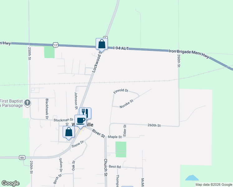 map of restaurants, bars, coffee shops, grocery stores, and more near Finvold Street in Woodville