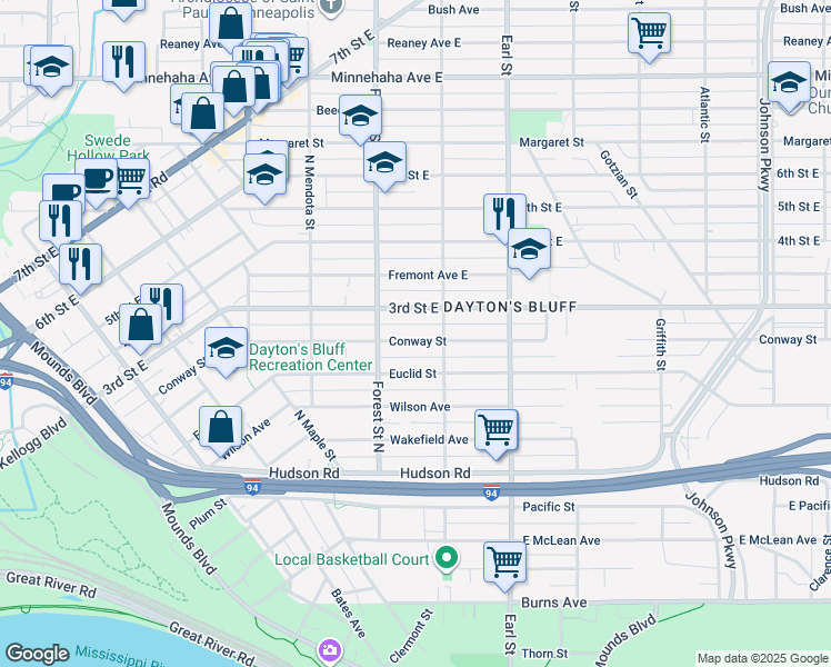 map of restaurants, bars, coffee shops, grocery stores, and more near 975 Conway Street in Saint Paul