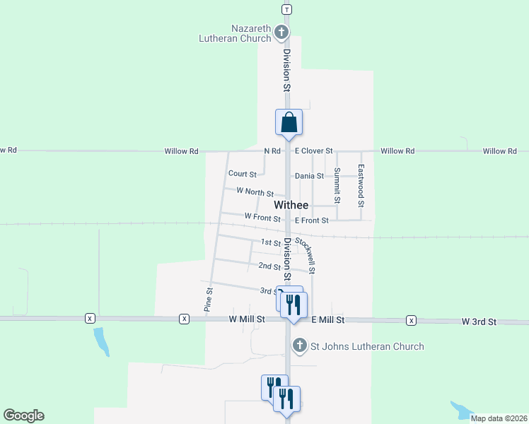 map of restaurants, bars, coffee shops, grocery stores, and more near 709 North Oak Street in Withee