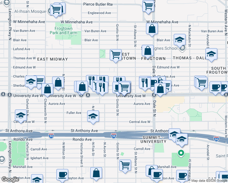 map of restaurants, bars, coffee shops, grocery stores, and more near 749 University Avenue West in Saint Paul