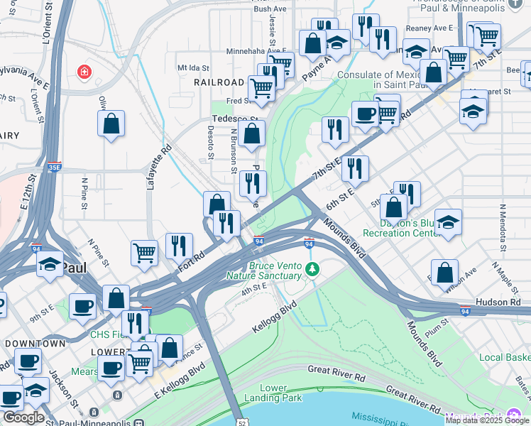 map of restaurants, bars, coffee shops, grocery stores, and more near 597 East 7th Street in Saint Paul