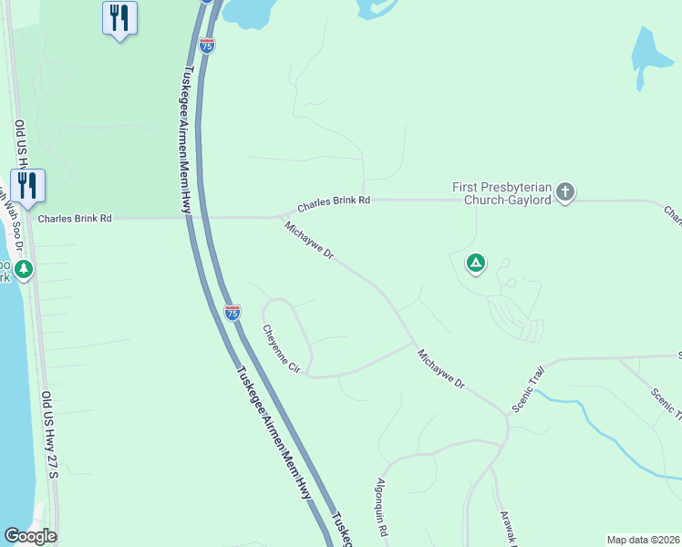 map of restaurants, bars, coffee shops, grocery stores, and more near Michaywe Drive in Gaylord