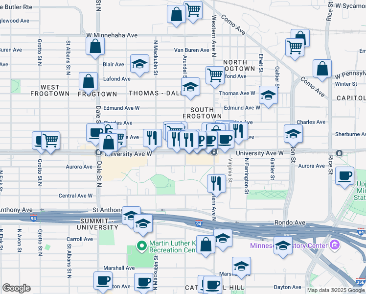 map of restaurants, bars, coffee shops, grocery stores, and more near 432 Sherburne Avenue in Saint Paul