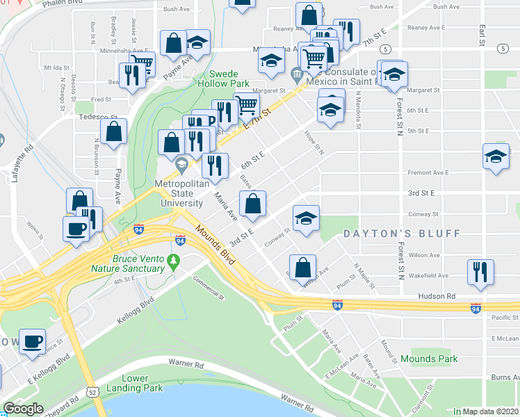 map of restaurants, bars, coffee shops, grocery stores, and more near 704 4th St E in St Paul